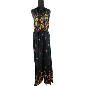Forever 21 Women Size L Jumpsuit Contemporary Black Floral‎ Halter Wide Leg